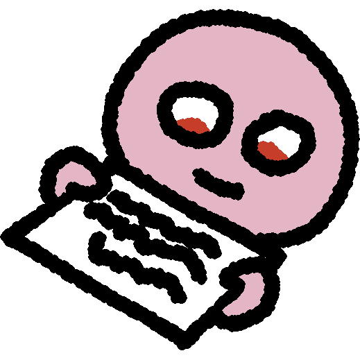 A pink face looks down at a paper in their hands.